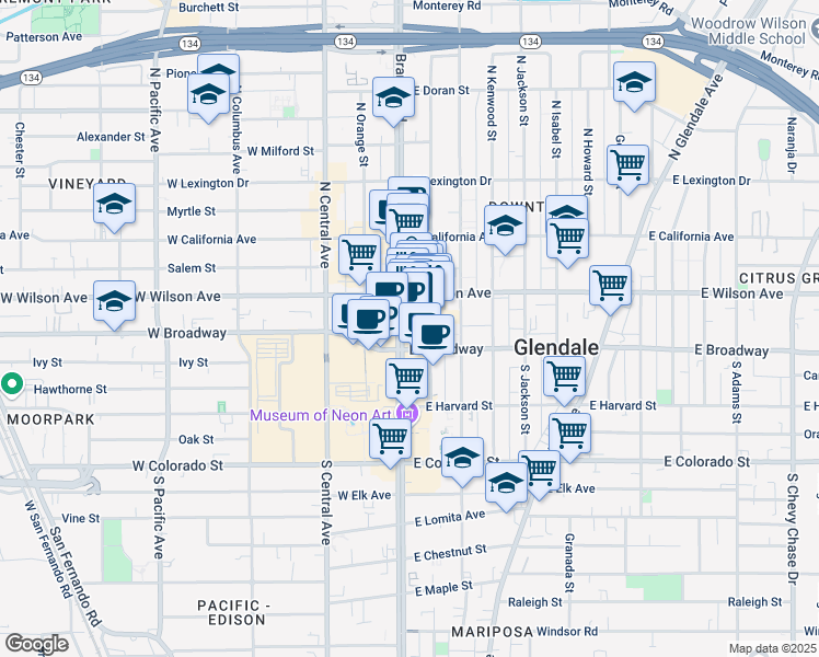 map of restaurants, bars, coffee shops, grocery stores, and more near 115 North Maryland Avenue in Glendale