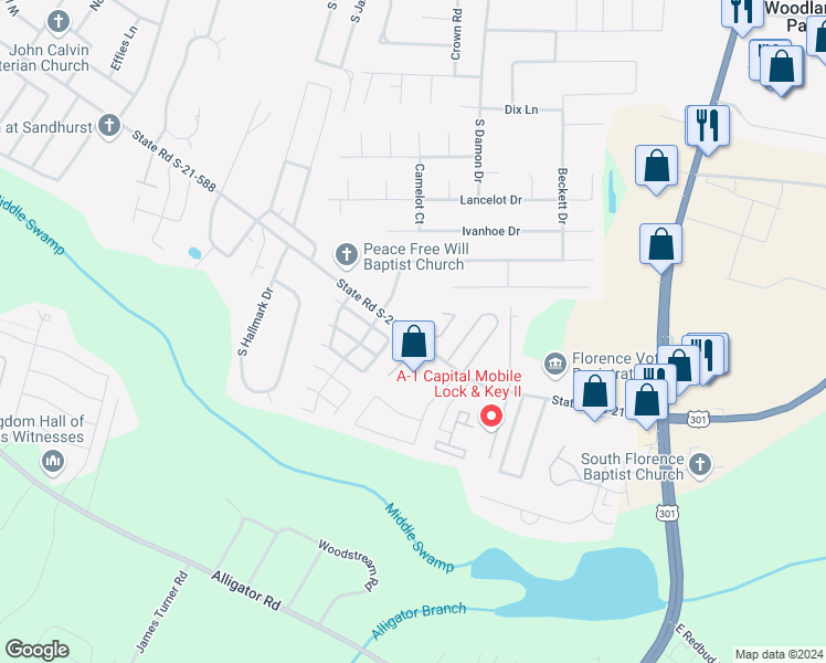 map of restaurants, bars, coffee shops, grocery stores, and more near 868 Chaucer Drive in Florence