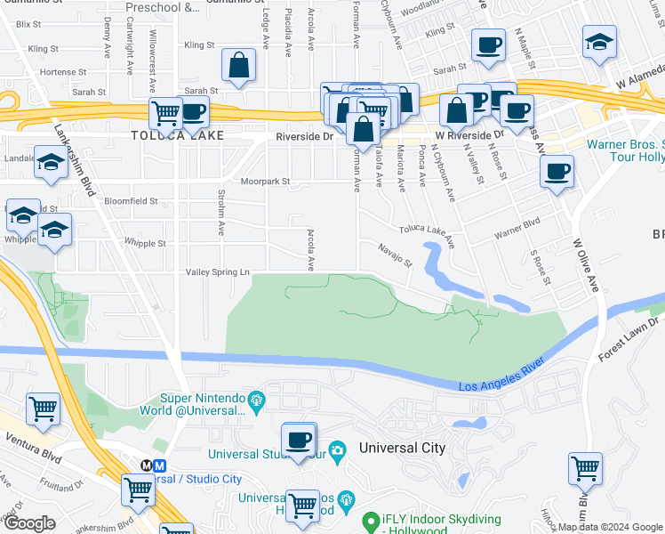 map of restaurants, bars, coffee shops, grocery stores, and more near 10231 Valley Spring Lane in Los Angeles