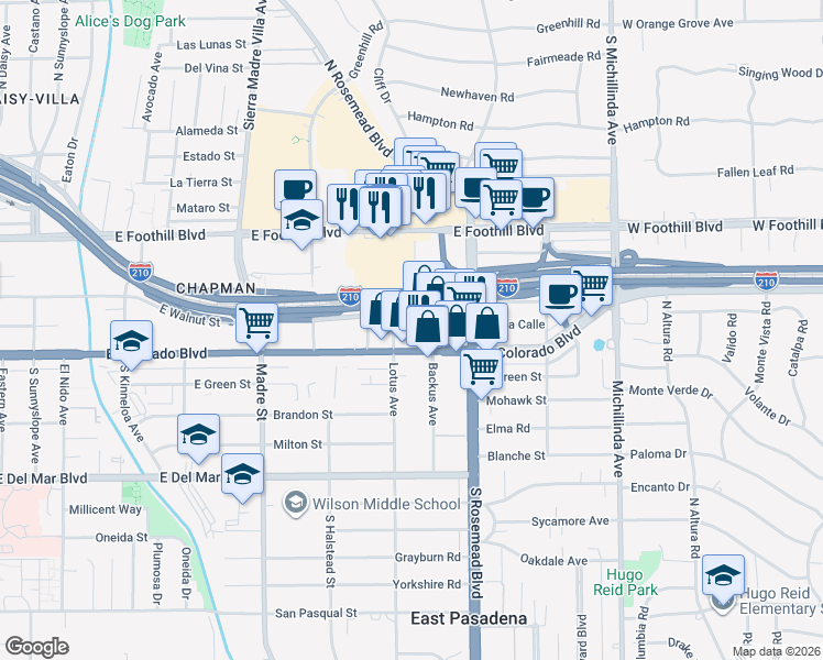 map of restaurants, bars, coffee shops, grocery stores, and more near 31 Fulton Avenue in Pasadena