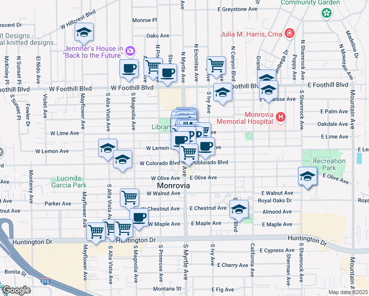 map of restaurants, bars, coffee shops, grocery stores, and more near S Myrtle Ave & W Lemon Ave in Monrovia