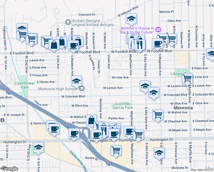 map of restaurants, bars, coffee shops, grocery stores, and more near 725 West Lemon Avenue in Monrovia