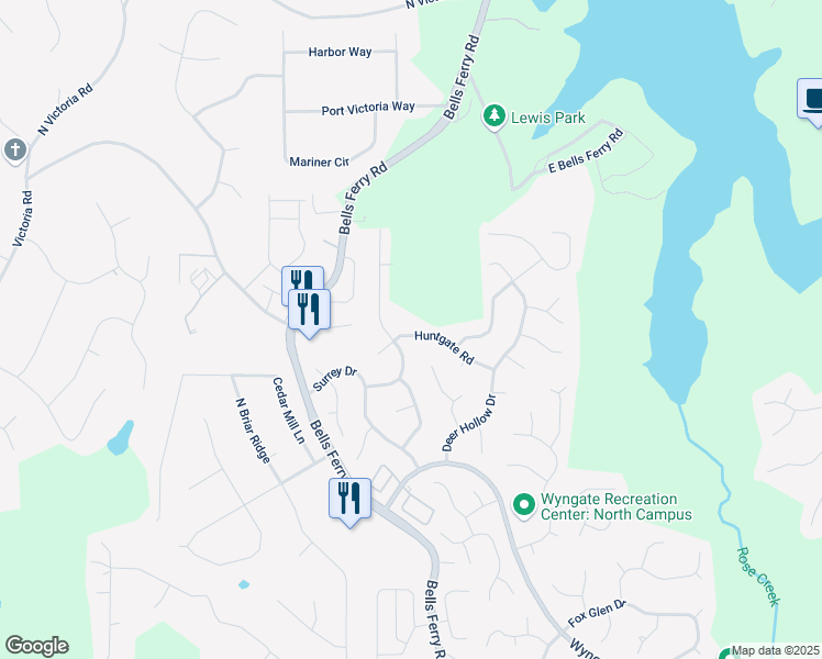 map of restaurants, bars, coffee shops, grocery stores, and more near 513 Huntgate Road in Woodstock