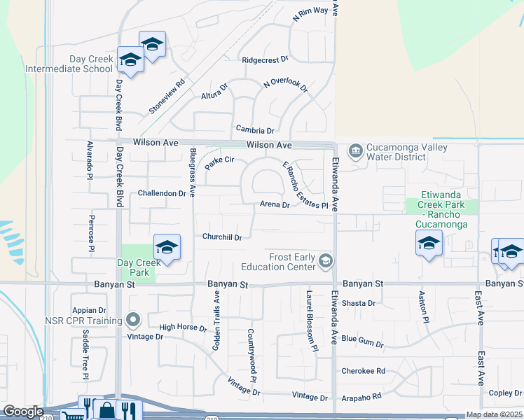 map of restaurants, bars, coffee shops, grocery stores, and more near 12717 Arena Drive in Rancho Cucamonga