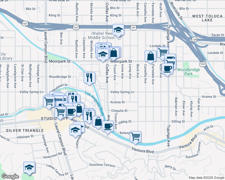 map of restaurants, bars, coffee shops, grocery stores, and more near 11641 Valley Spring Lane in Los Angeles
