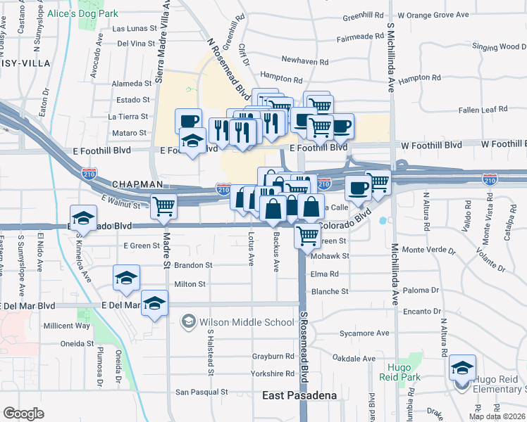 map of restaurants, bars, coffee shops, grocery stores, and more near 31 Fulton Avenue in Pasadena