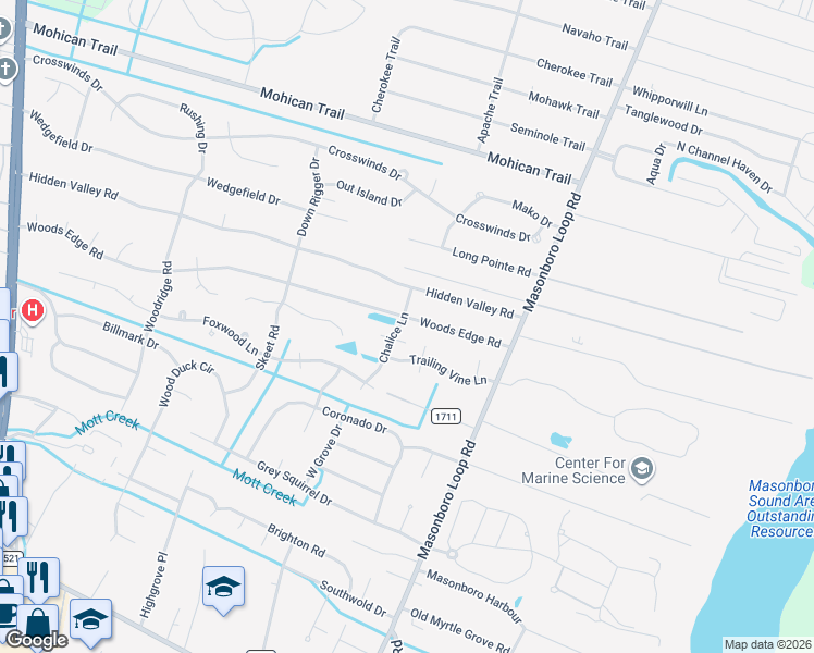 map of restaurants, bars, coffee shops, grocery stores, and more near 5133 Woods Edge Road in Wilmington