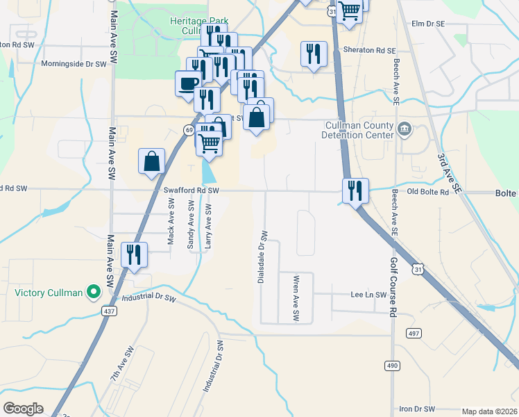 map of restaurants, bars, coffee shops, grocery stores, and more near 330 Swafford Road Southwest in Cullman