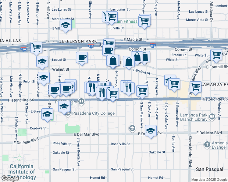 map of restaurants, bars, coffee shops, grocery stores, and more near 49 North Parkwood Avenue in Pasadena