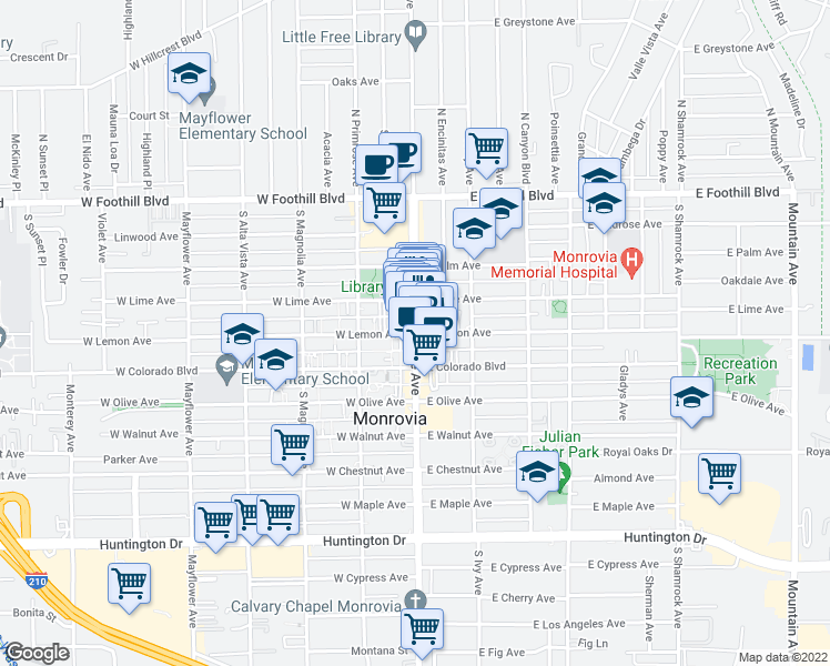 map of restaurants, bars, coffee shops, grocery stores, and more near South Myrtle Avenue & East Lemon Avenue in Monrovia