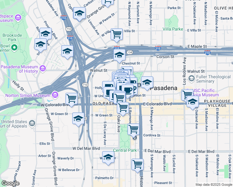 map of restaurants, bars, coffee shops, grocery stores, and more near 75 North Fair Oaks Avenue in Pasadena