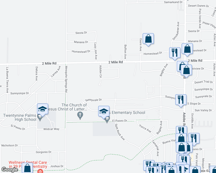 map of restaurants, bars, coffee shops, grocery stores, and more near 73151 Adobe Circle in Twentynine Palms