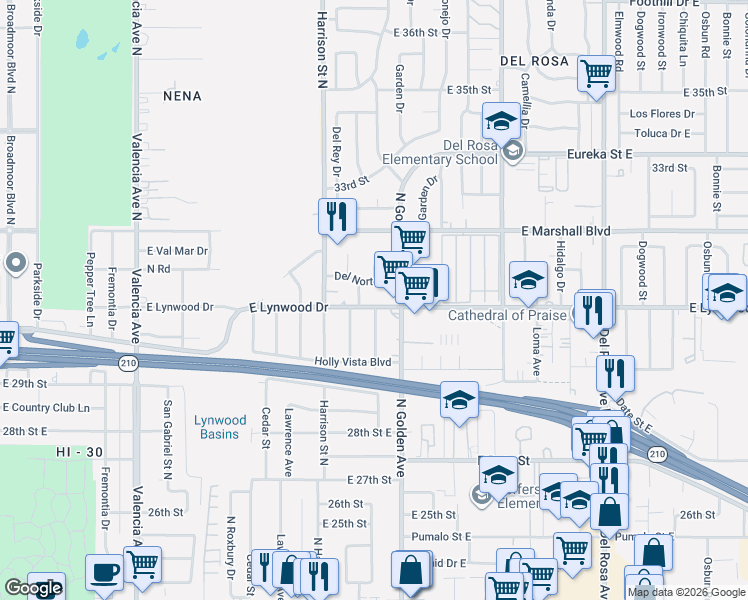 map of restaurants, bars, coffee shops, grocery stores, and more near 3115 Del Rey Drive in San Bernardino