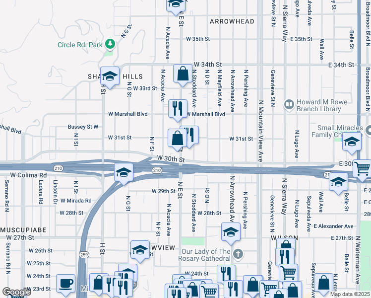 map of restaurants, bars, coffee shops, grocery stores, and more near 3083 North E Street in San Bernardino