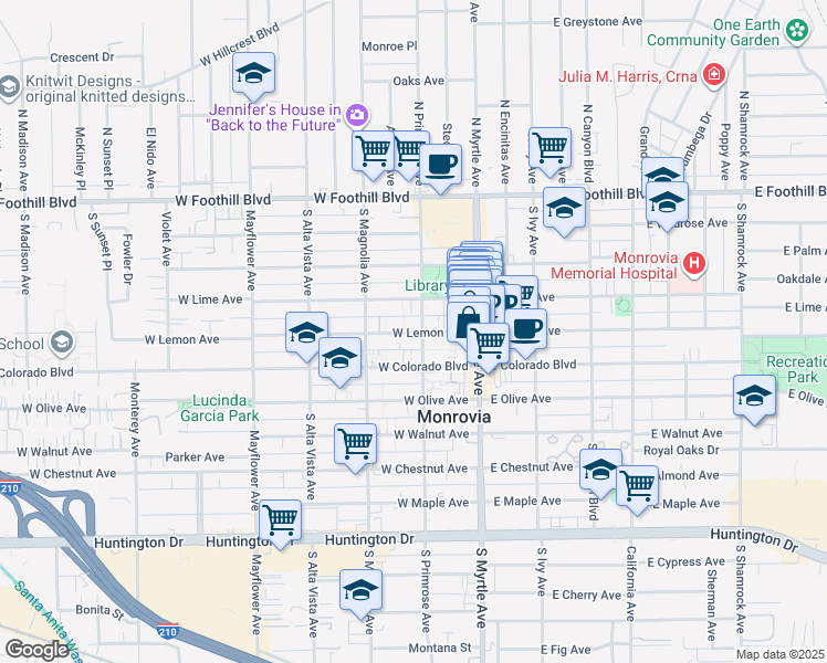 map of restaurants, bars, coffee shops, grocery stores, and more near 415 South Primrose Avenue in Monrovia
