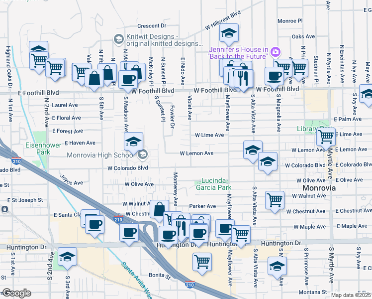 map of restaurants, bars, coffee shops, grocery stores, and more near 725 West Lemon Avenue in Monrovia