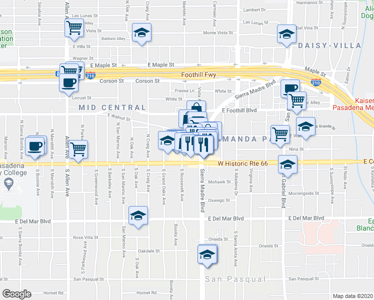 map of restaurants, bars, coffee shops, grocery stores, and more near 76 North Roosevelt Avenue in Pasadena