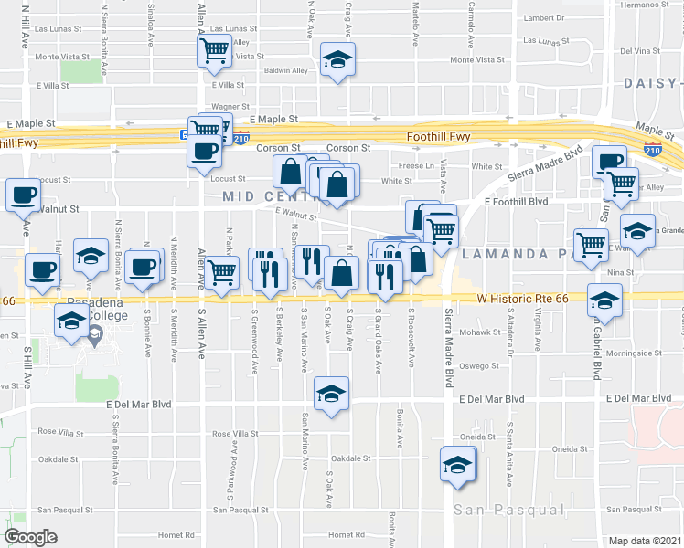 map of restaurants, bars, coffee shops, grocery stores, and more near 64 North Oak Avenue in Pasadena
