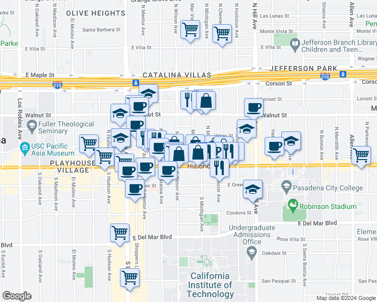 map of restaurants, bars, coffee shops, grocery stores, and more near 64N Mar Vista Avenue in Pasadena