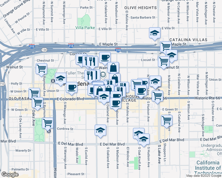 map of restaurants, bars, coffee shops, grocery stores, and more near 527 Union Street in Pasadena