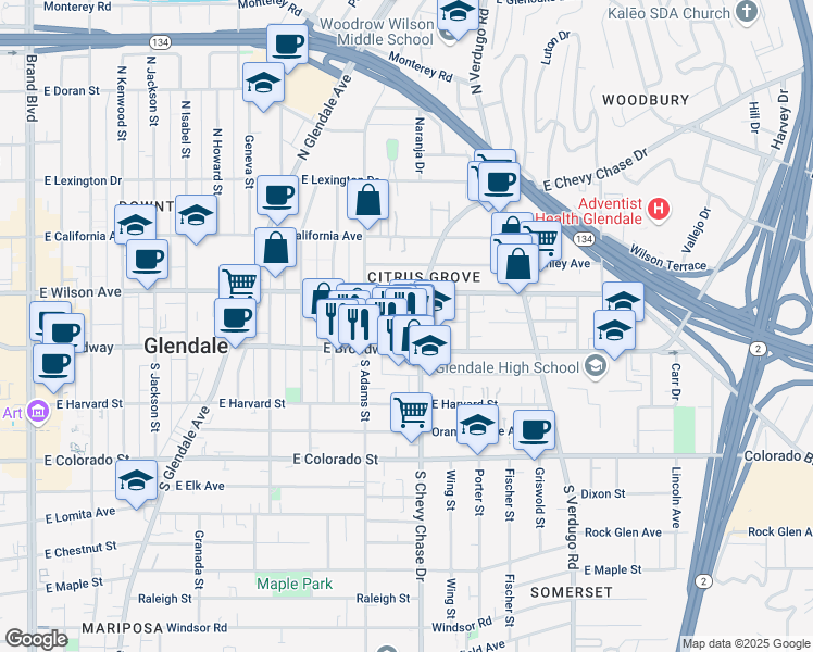 map of restaurants, bars, coffee shops, grocery stores, and more near 1130 East Wilson Avenue in Glendale