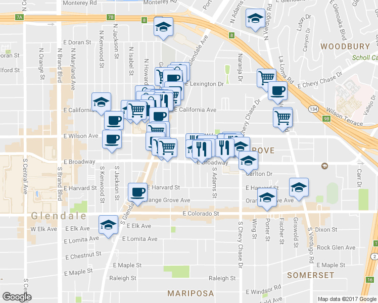 map of restaurants, bars, coffee shops, grocery stores, and more near 131 North Belmont Street in Glendale