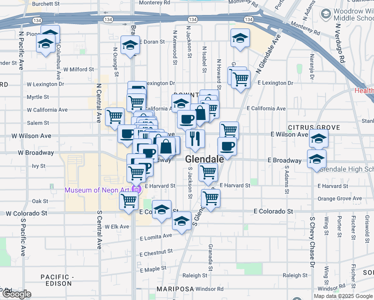 map of restaurants, bars, coffee shops, grocery stores, and more near 134 North Kenwood Street in Glendale