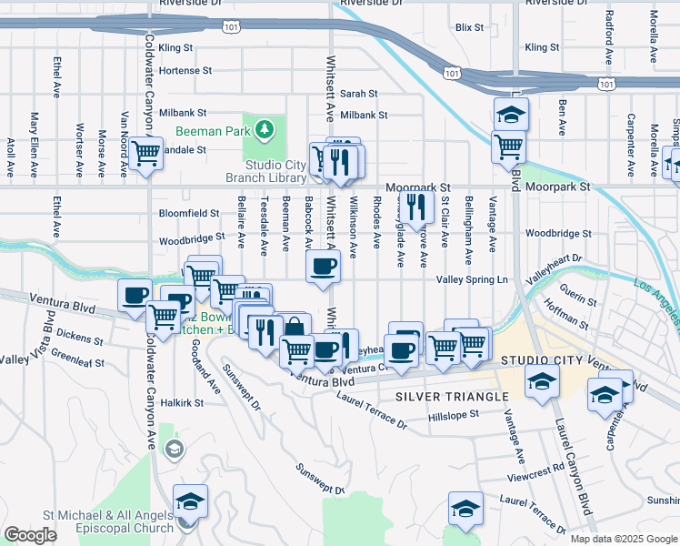 map of restaurants, bars, coffee shops, grocery stores, and more near 4223 1/2 Whitsett Avenue in Los Angeles