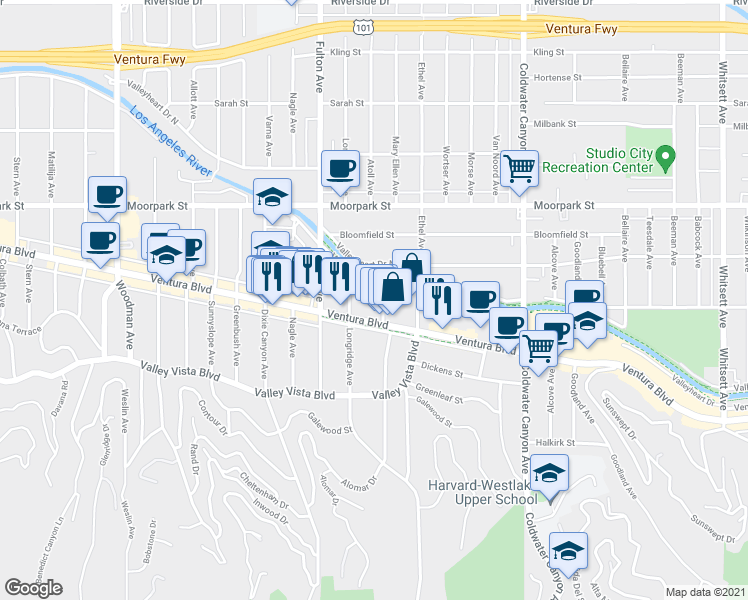 map of restaurants, bars, coffee shops, grocery stores, and more near 4243 Mary Ellen Avenue in Los Angeles