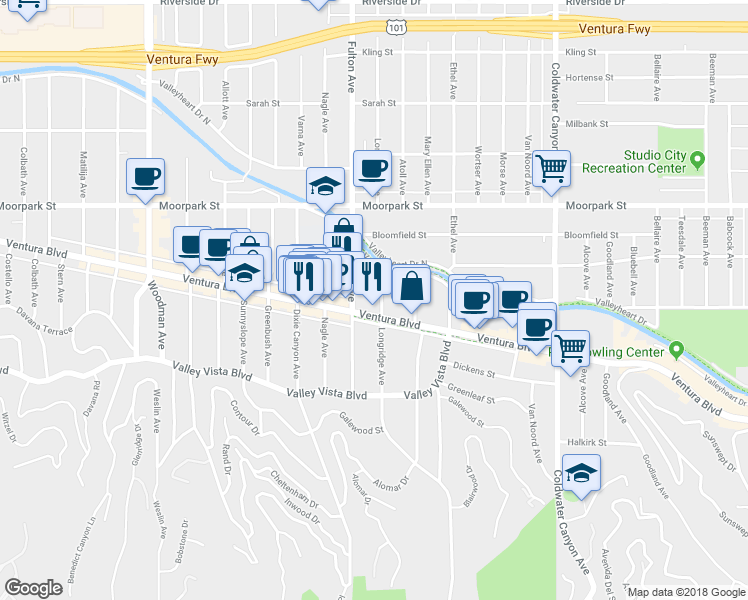 map of restaurants, bars, coffee shops, grocery stores, and more near 4240 Fulton Avenue in Los Angeles