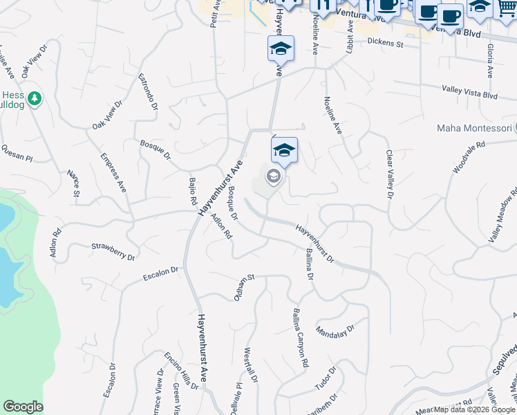 map of restaurants, bars, coffee shops, grocery stores, and more near 4234 Hayvenhurst Drive in Los Angeles