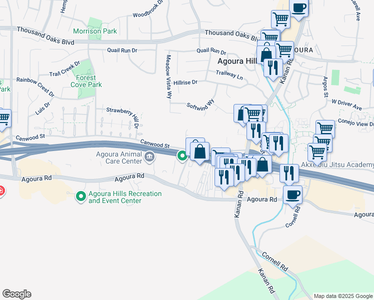 map of restaurants, bars, coffee shops, grocery stores, and more near 29353 Canwood Street in Agoura Hills
