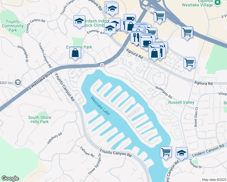 map of restaurants, bars, coffee shops, grocery stores, and more near 1317 Southwind Circle in Westlake Village
