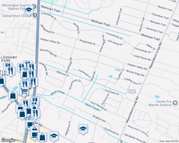 map of restaurants, bars, coffee shops, grocery stores, and more near 5007 Laurenbridge Lane in Wilmington