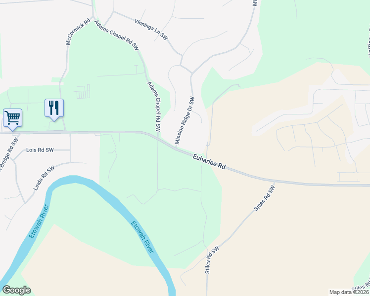 map of restaurants, bars, coffee shops, grocery stores, and more near 682 Euharlee Road Southwest in Euharlee