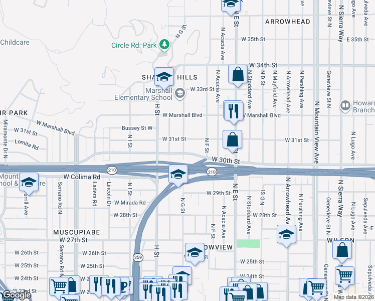 map of restaurants, bars, coffee shops, grocery stores, and more near in San Bernardino
