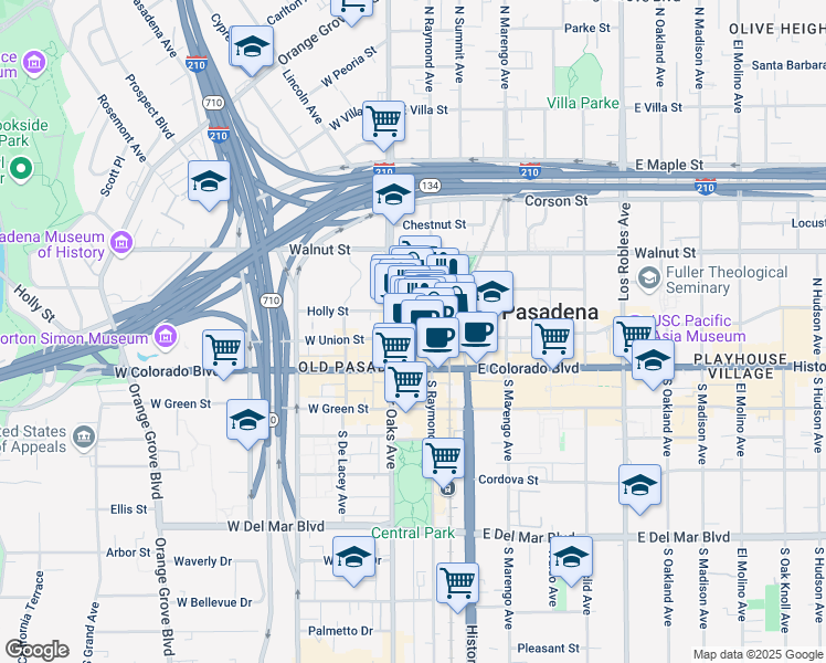 map of restaurants, bars, coffee shops, grocery stores, and more near 93 North Raymond Avenue in Pasadena