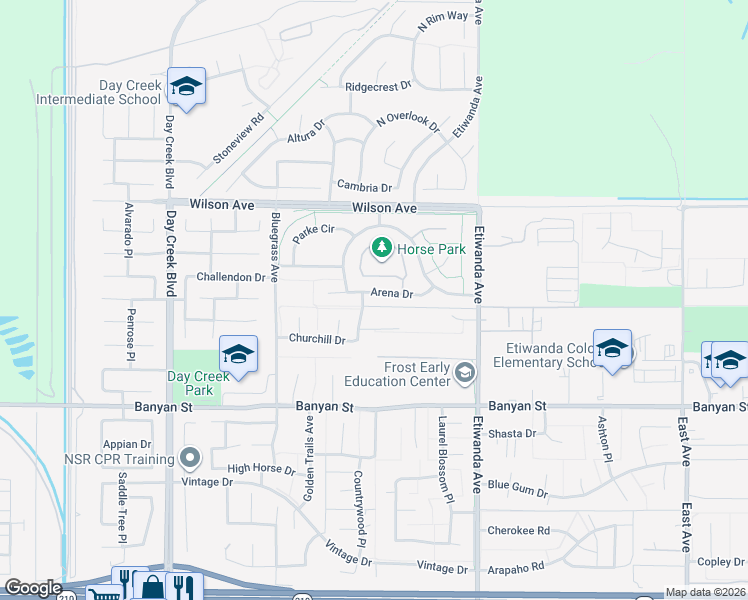 map of restaurants, bars, coffee shops, grocery stores, and more near 12717 Arena Drive in Rancho Cucamonga