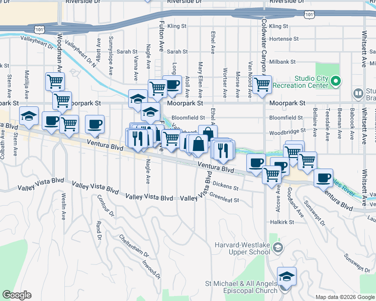 map of restaurants, bars, coffee shops, grocery stores, and more near 4225 Mary Ellen Avenue in Los Angeles
