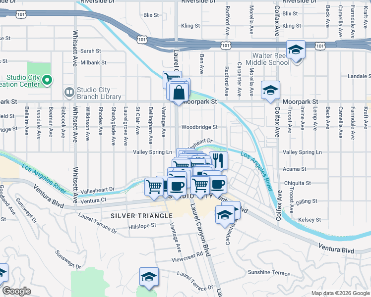 map of restaurants, bars, coffee shops, grocery stores, and more near 4205 Agnes Avenue in Los Angeles