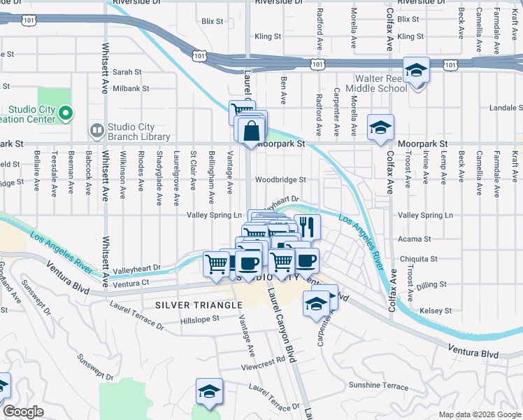 map of restaurants, bars, coffee shops, grocery stores, and more near 4205 Agnes Avenue in Los Angeles