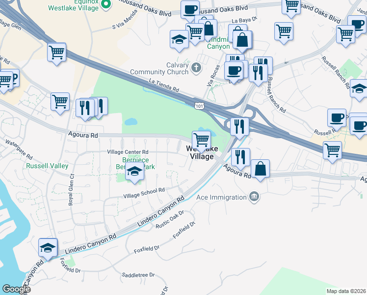 map of restaurants, bars, coffee shops, grocery stores, and more near 4516 Knightsgate Road in Westlake Village