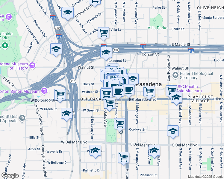 map of restaurants, bars, coffee shops, grocery stores, and more near 93 North Raymond Avenue in Pasadena