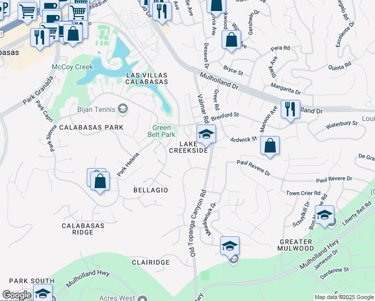 map of restaurants, bars, coffee shops, grocery stores, and more near 23024 Park Veneto in Calabasas
