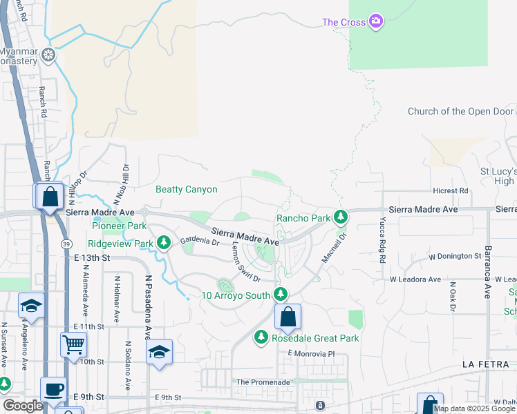 map of restaurants, bars, coffee shops, grocery stores, and more near 737 Orange Blossom Way in Azusa