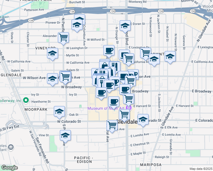 map of restaurants, bars, coffee shops, grocery stores, and more near 101 North Central Avenue in Glendale