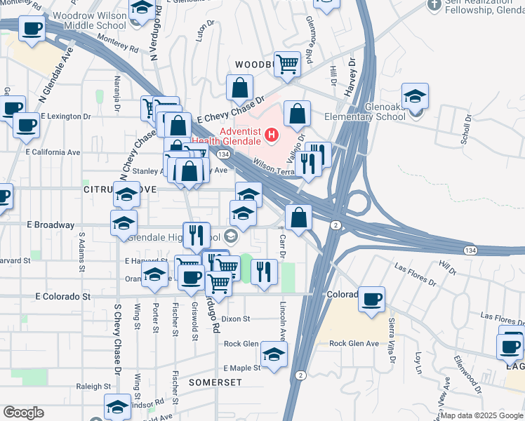 map of restaurants, bars, coffee shops, grocery stores, and more near 1534 East Wilson Avenue in Glendale