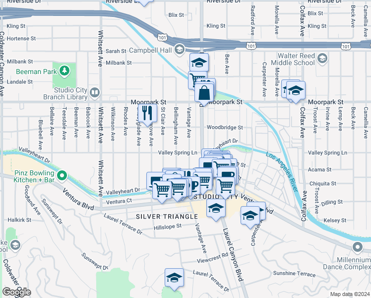 map of restaurants, bars, coffee shops, grocery stores, and more near 4209 Vantage Avenue in Los Angeles