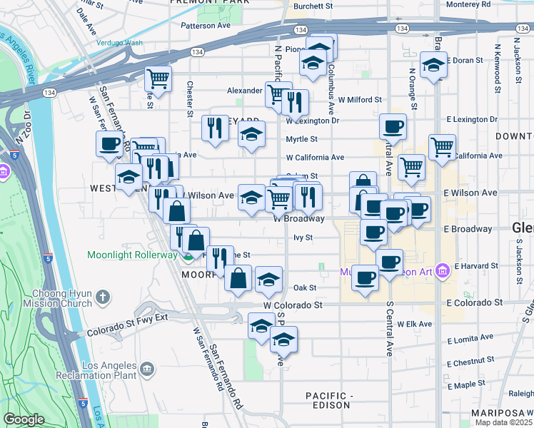 map of restaurants, bars, coffee shops, grocery stores, and more near 116 North Kenilworth Avenue in Glendale