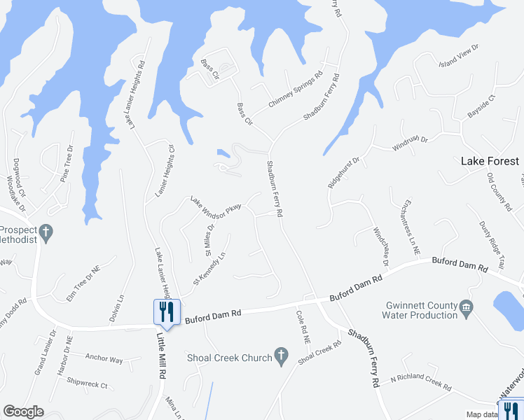 map of restaurants, bars, coffee shops, grocery stores, and more near 2430 Queensboro Lane in Buford